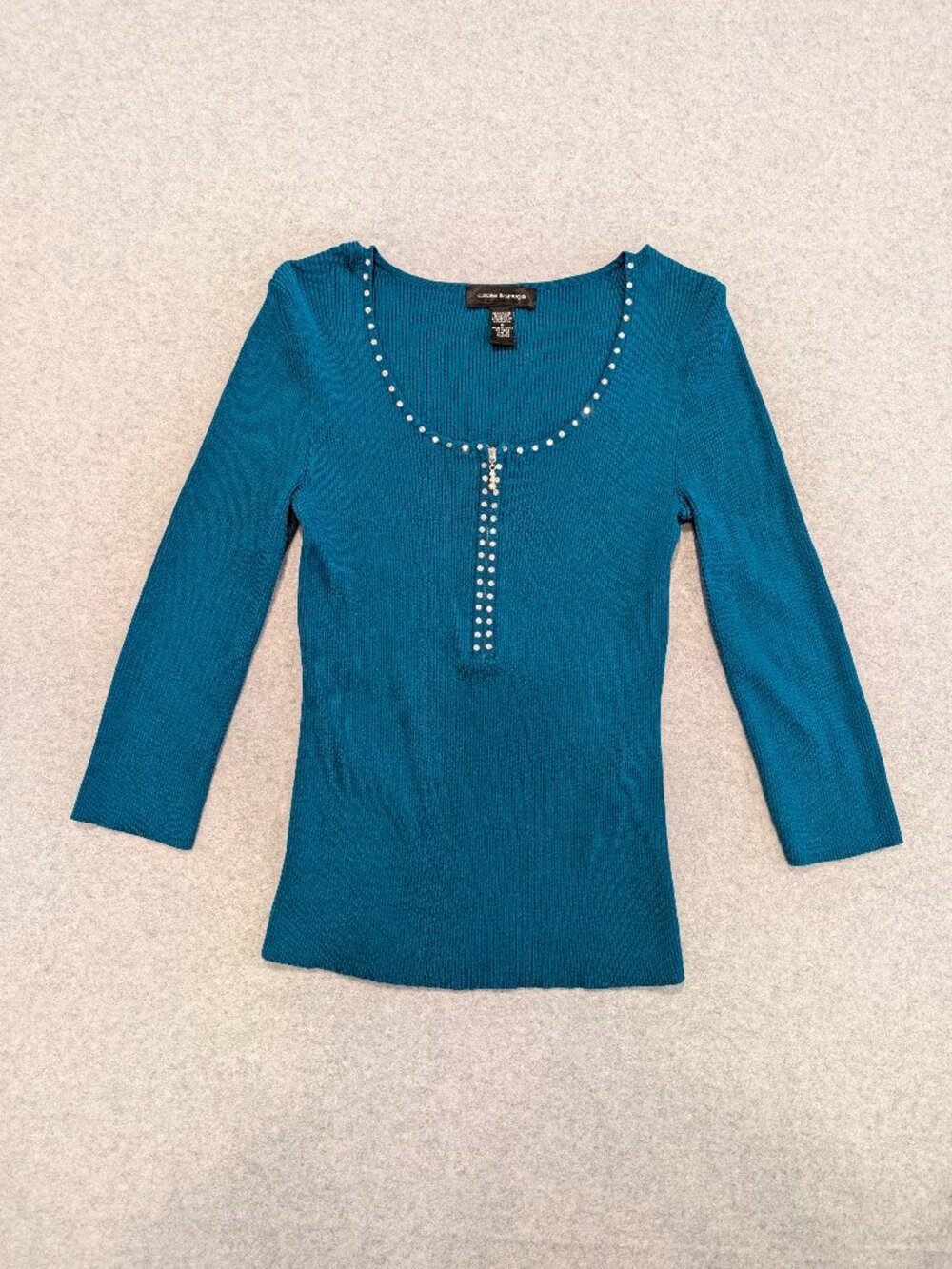 Y2K Turquoise Teal Ribbed Knit Embellished Swoop Neck Zip 3/4 Sleeve Top Mall S